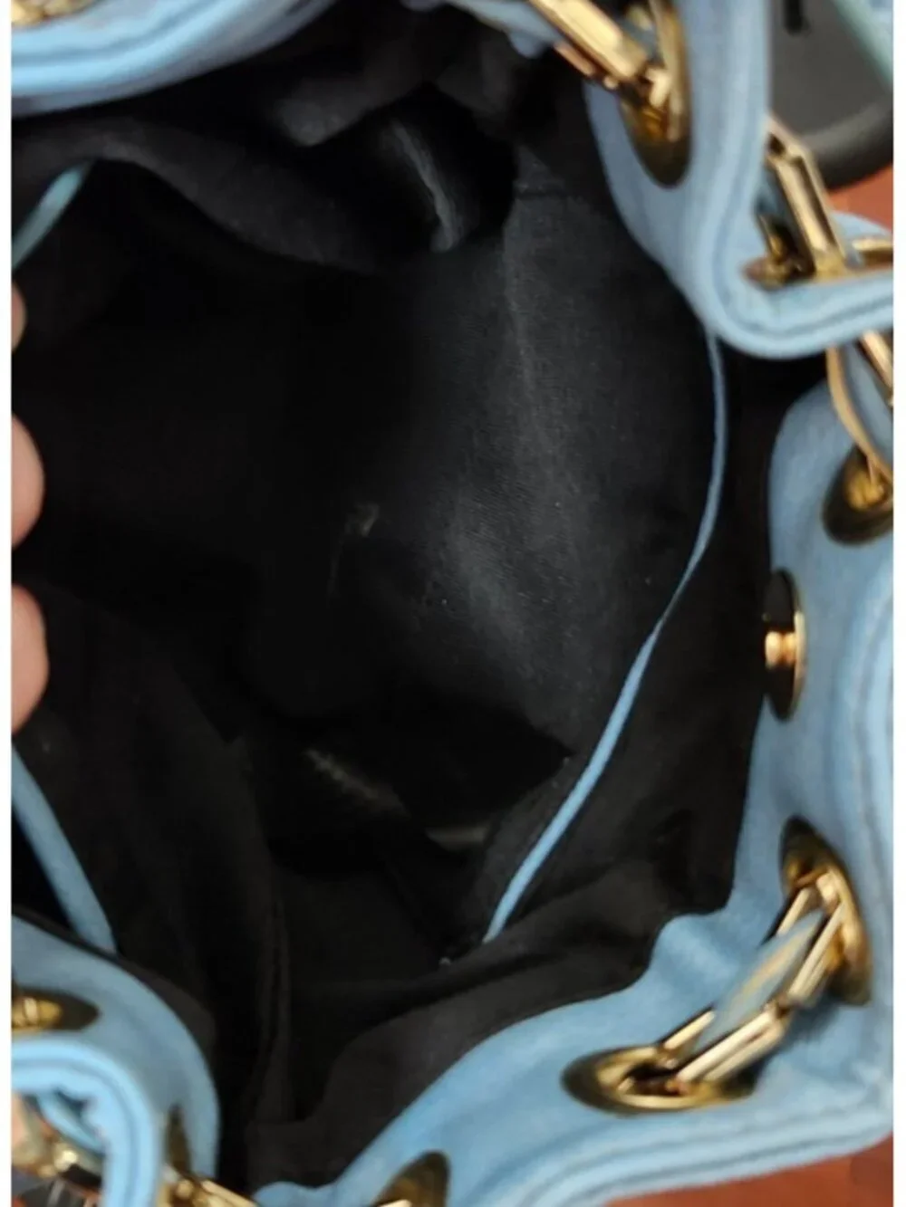 Free People Blue Faux Leather Mini Bucket Bag Gold Chain Drawstring Crossbody